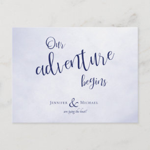 Our adventure begins blue typographic wedding announcement postcard