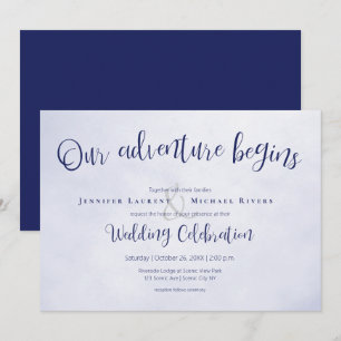 Our adventure begins blue typographic wedding invitation