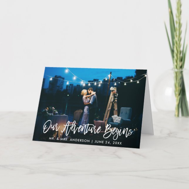 Our Adventure Begins Brush Script Wedding Fold Thank You Card (Front)