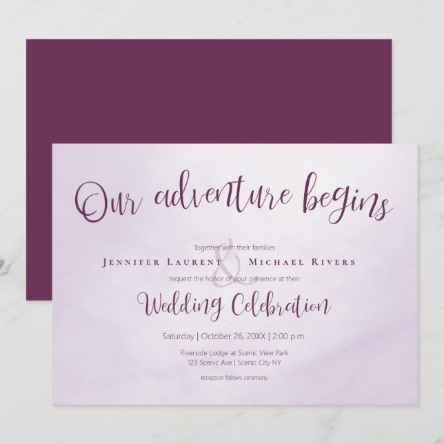 Our adventure begins calligraphy plum wedding invitation (Front/Back)