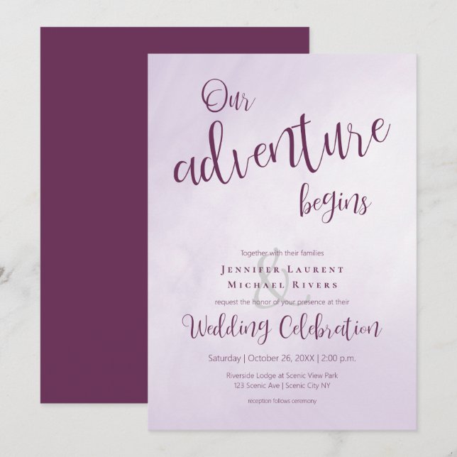 Our adventure begins calligraphy plum wedding invitation (Front/Back)