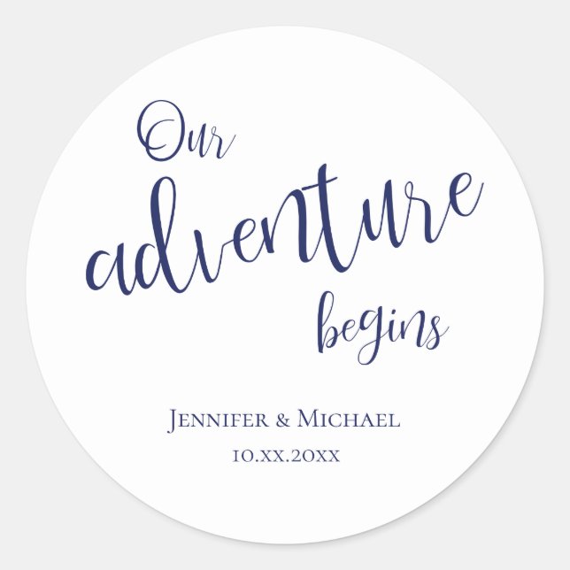 Our adventure begins dk blue typography wedding classic round sticker (Front)