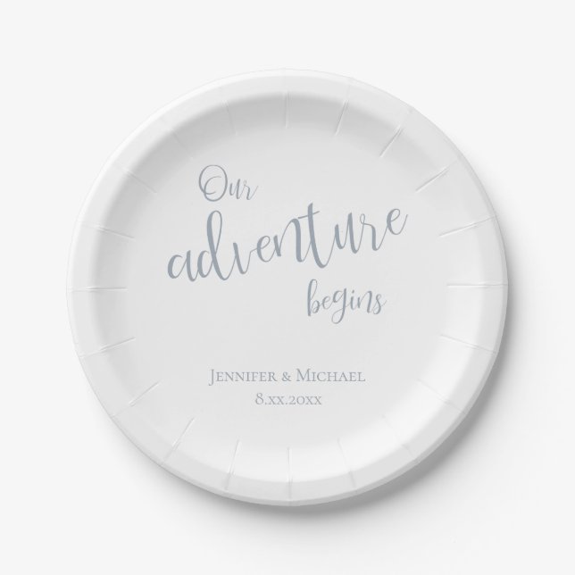 Our adventure begins dusty blue typography wedding paper plate (Front)