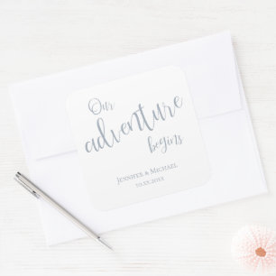 Our adventure begins dusty blue typography wedding square sticker