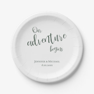 Our adventure begins evergreen typography wedding paper plate