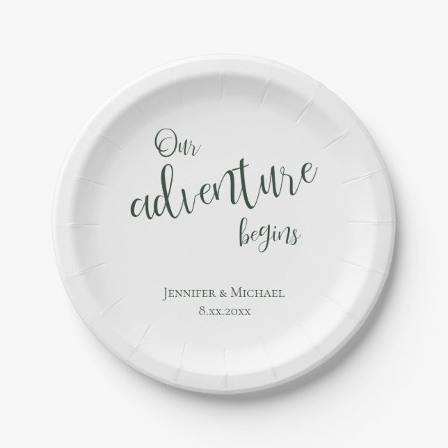 Our adventure begins evergreen typography wedding paper plate (Front)