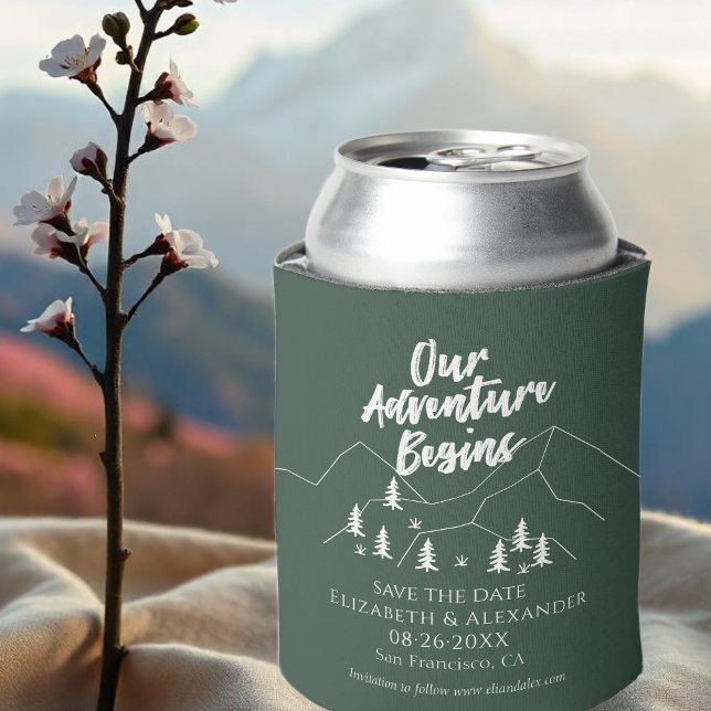 Our Adventure Begins Forest Wedding Save The Date Can Cooler (Creator Uploaded)