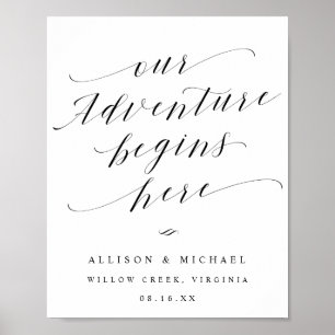 Our Adventure Begins Here Script Wedding Sign
