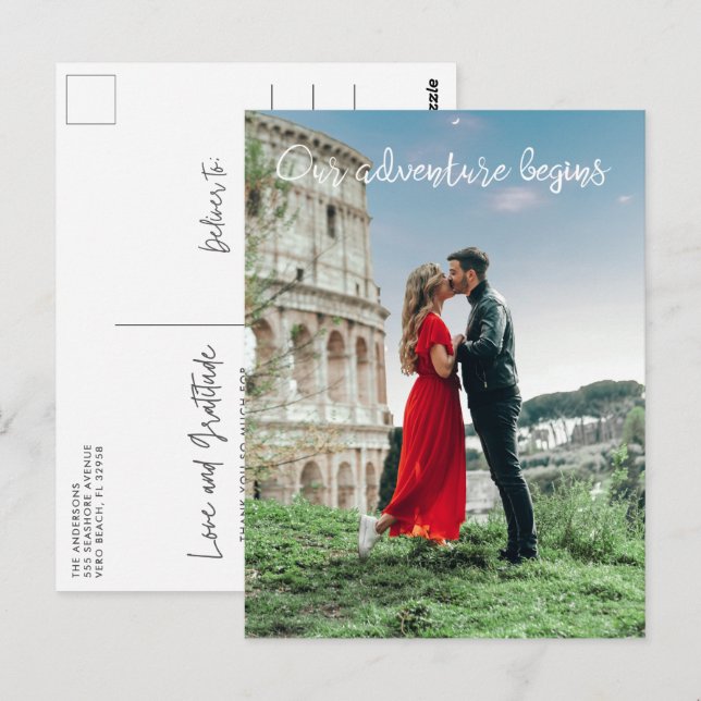 Our Adventure Begins Honeymoon Wedding Thank You Postcard (Front/Back)