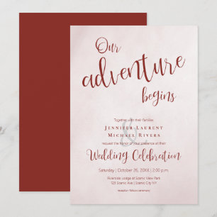 Our adventure begins maroon calligraphy wedding invitation