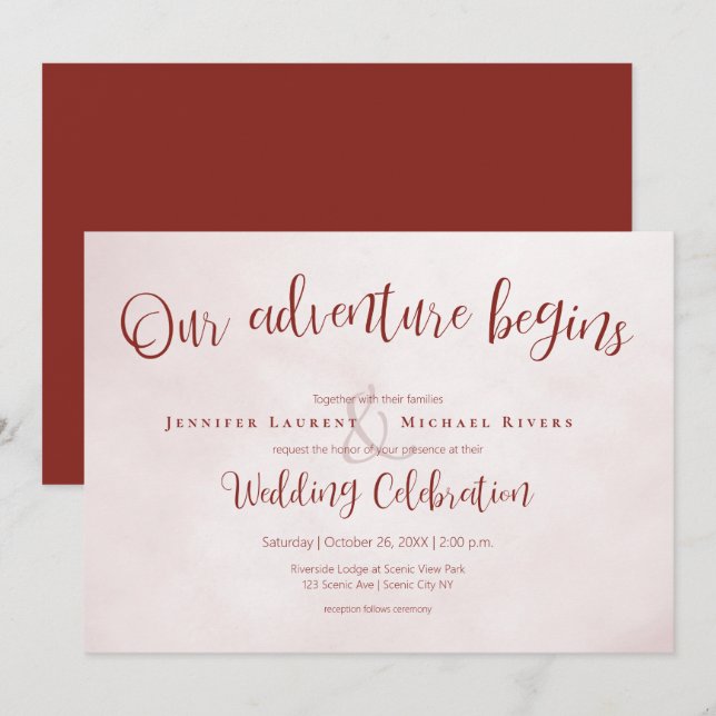 Our adventure begins maroon calligraphy wedding invitation (Front/Back)