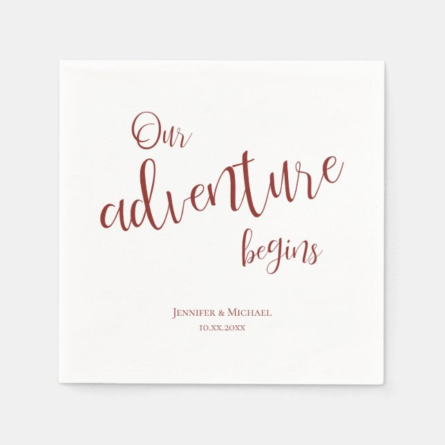 Our adventure begins maroon typography wedding napkin (Front)