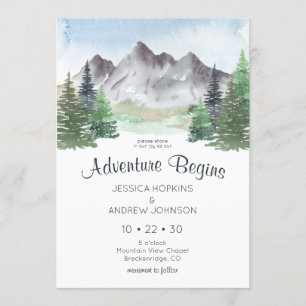 Our Adventure Begins Mountain Watercolor Wedding Invitation