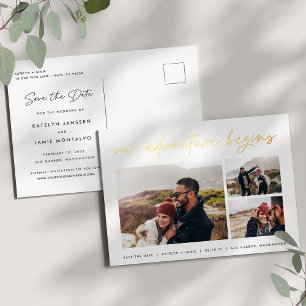 Our Adventure Begins   Multi Photo Save The Date Foil Invitation Postcard