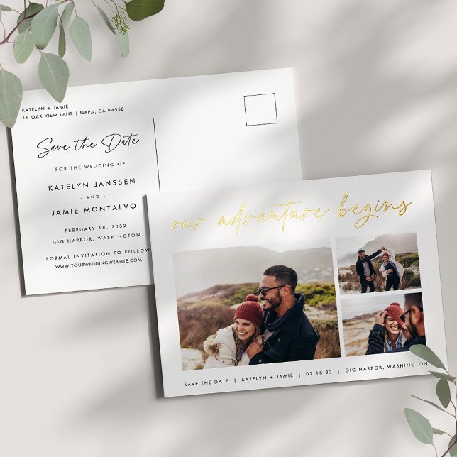 Our Adventure Begins | Multi Photo Save The Date Foil Invitation Postcard (Creator Uploaded)