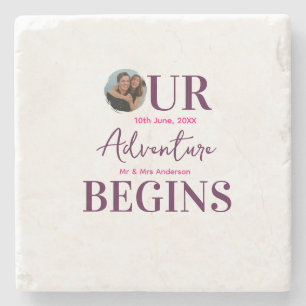 our adventure begins photo circular wedding couple stone coaster