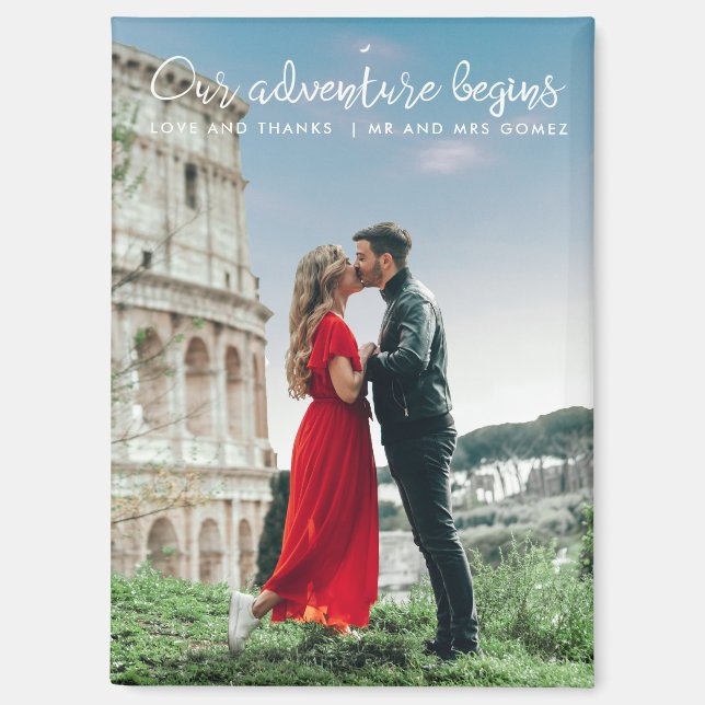 Our Adventure Begins Photo Thank You Wedding Magnet (Front)