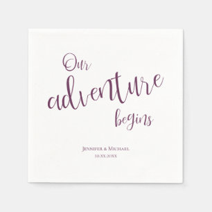 Our adventure begins plum typography wedding napkin