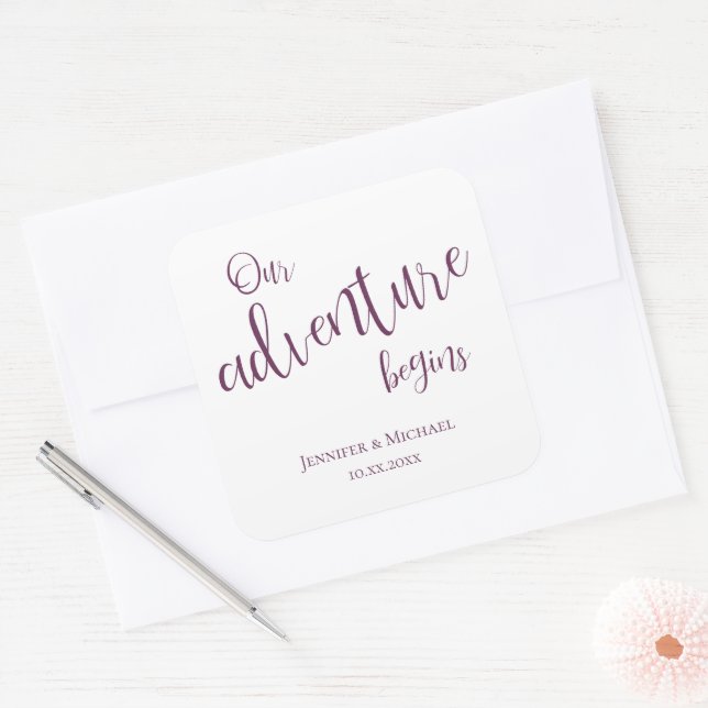 Our adventure begins plum typography wedding square sticker (Envelope)