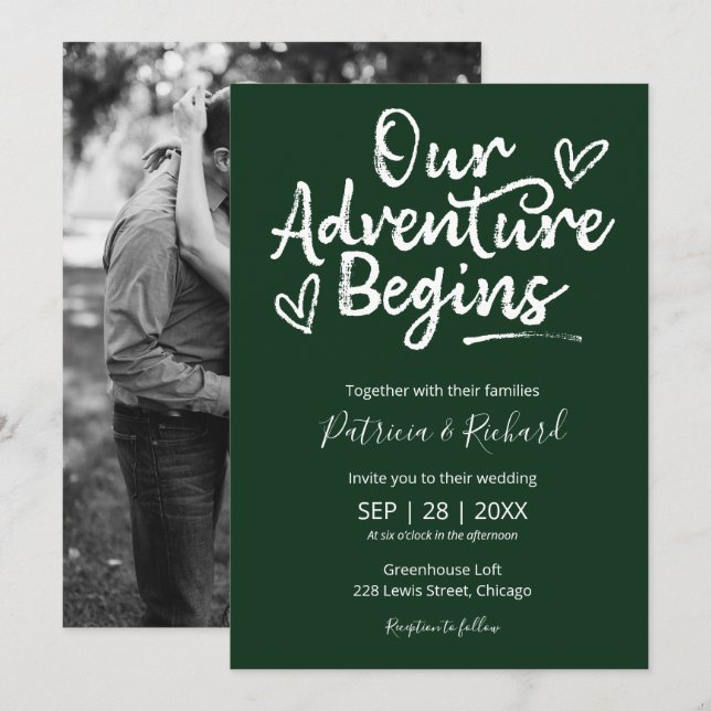 Our Adventure Begins Rustic Wedding Green Invitation (Front/Back)