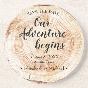 Our Adventure Begins Rustic Wood Grain Print  Coaster