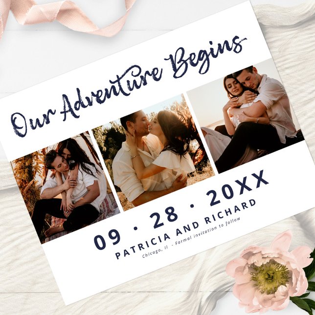 Our Adventure Begins Save The Date 3 Photo Postcard (Creator Uploaded)