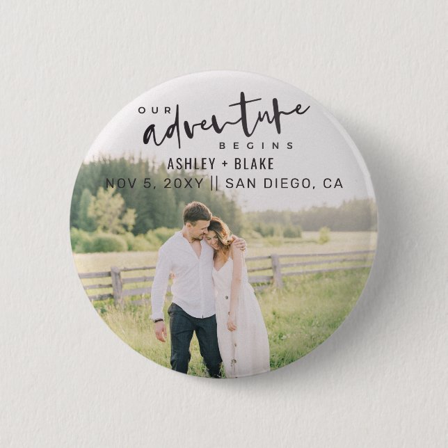 Our Adventure Begins Script Photo Save the Date 6 Cm Round Badge (Front)