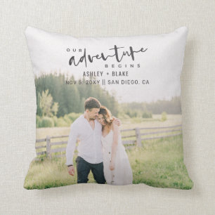 Our Adventure Begins Script Photo Save the Date Cushion
