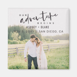 Our Adventure Begins Script Photo Save the Date Magnet
