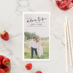 Our Adventure Begins Script Photo Save the Date Napkin