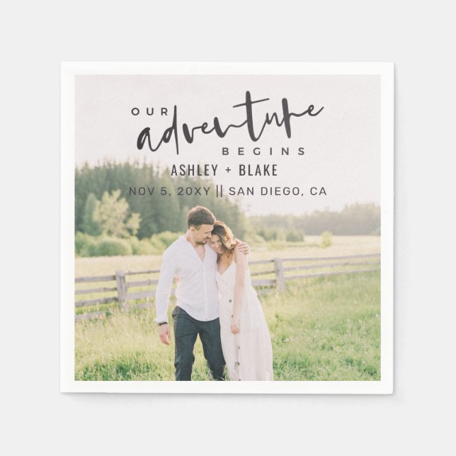 Our Adventure Begins Script Photo Save the Date Napkin (Front)