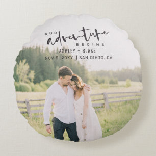 Our Adventure Begins Script Photo Save the Date Round Cushion