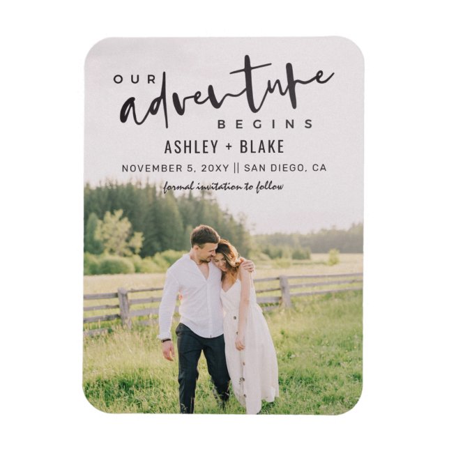 Our Adventure Begins Script Save the Date Photo Magnet (Vertical)