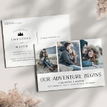 Our Adventure Begins | Three Photo Save the Date Announcement Postcard<br><div class="desc">A rustic save the date photo postcard for the outdoorsy and adventurous couple, designed to accommodate three of your favourite engagement photos aligned side-by-side. "Our Adventure Begins" appears in black along the bottom, with your names, wedding date and wedding location beneath. Add additional details to the back, including your wedding...</div>