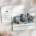 Our Adventure Begins | Three Photo Save the Date Announcement Postcard<br><div class="desc">A rustic save the date photo postcard for the outdoorsy and adventurous couple, designed to accommodate three of your favorite engagement photos aligned side-by-side. "Our Adventure Begins" appears in black along the bottom, with your names, wedding date and wedding location beneath. Add additional details to the back, including your wedding...</div>