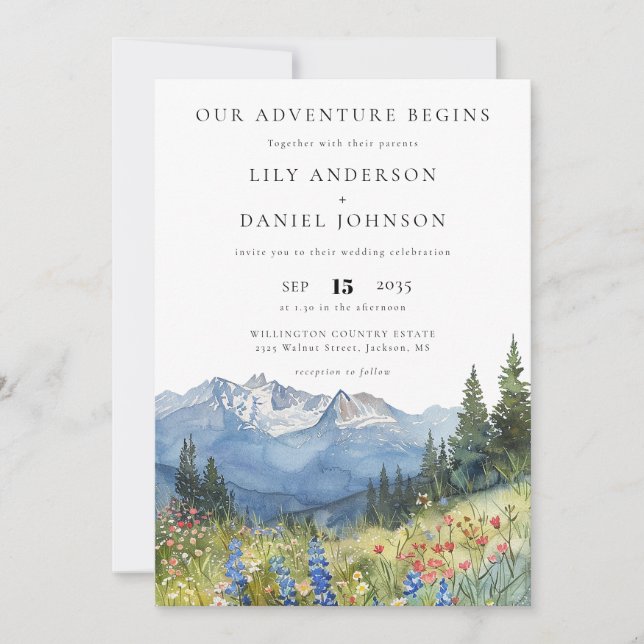 Our Adventure Mountain Wildflower QR Code Wedding Invitation (Front)