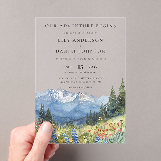 Our Adventure Mountain Wildflowers Floral Wedding Acrylic Invitations (Insitu (Handheld))