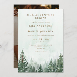 Our Adventure Rustic Pine Forest Photo Wedding Invitation