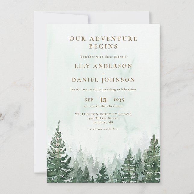 Our Adventure Rustic Pine Tree Forest Wedding Invitation (Front)