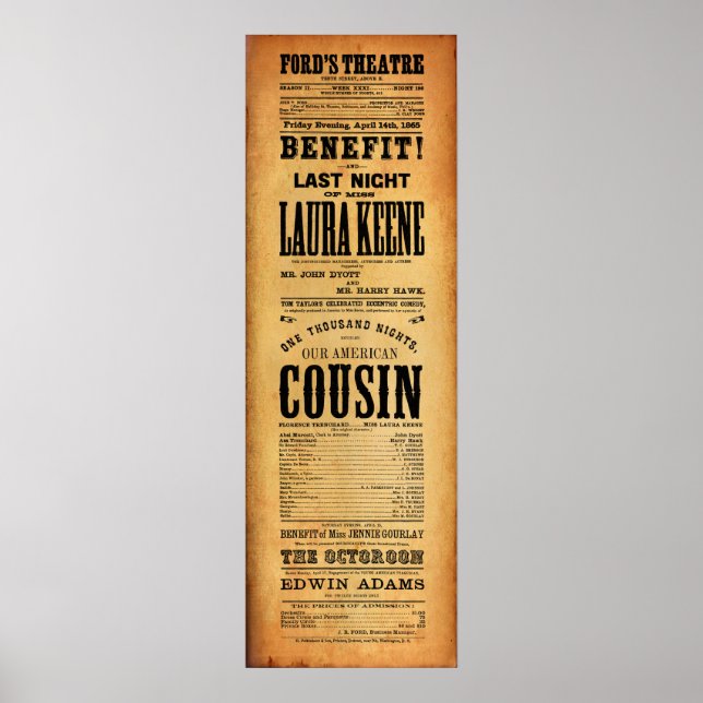 Our American Cousin Ford's Theatre April 14, 1865 Poster (Front)