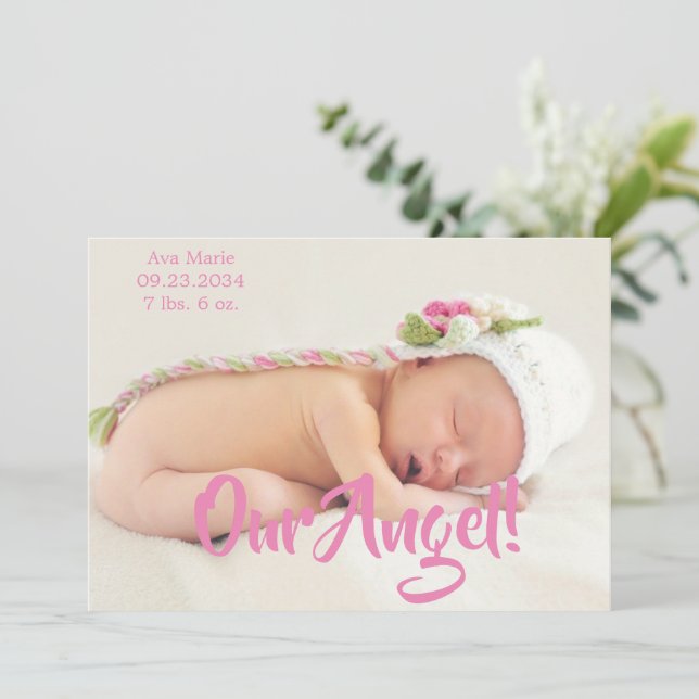 Our Angel Pink Photo Script Personalised Birth Announcement (Standing Front)
