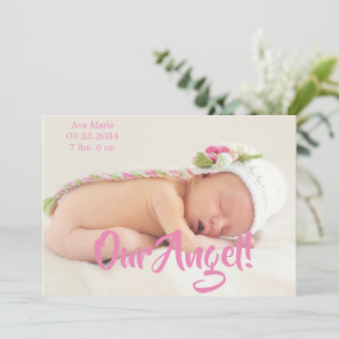 Our Angel Pink Photo Script Personalised Birth Announcement