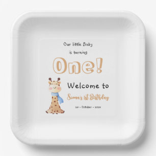 Our Baby Is Turning One Cute Giraffe 1st Birthday Paper Plate