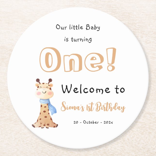 Our Baby Is Turning One Cute Giraffe 1st Birthday Round Paper Coaster (Front)