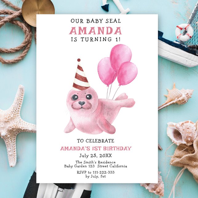 Our Baby Seal 1st Birthday Pink Girl Party Invitation (Creator Uploaded)