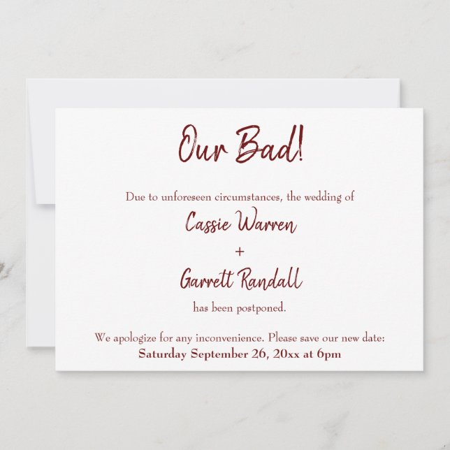 Our Bad Burgundy Postponed Wedding Announcement (Front)