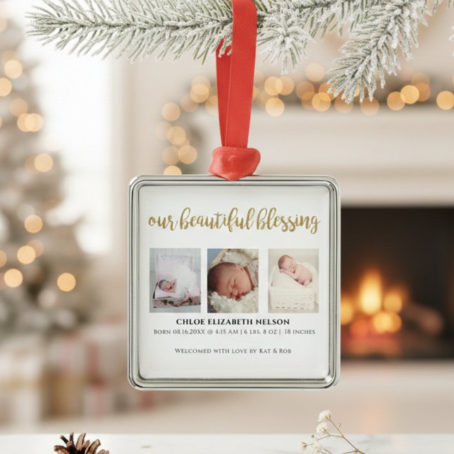 Our Beautiful Blessing 3 Photo Gold Glitter Modern Metal Tree Decoration (Creator Uploaded)