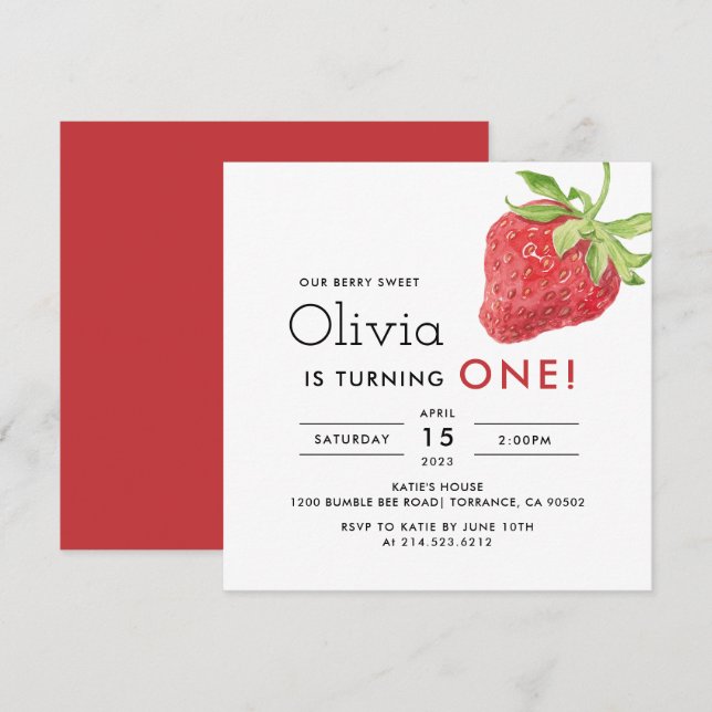 Our Berry Sweet Strawberry 1st Birthday Square Invitation (Front/Back)