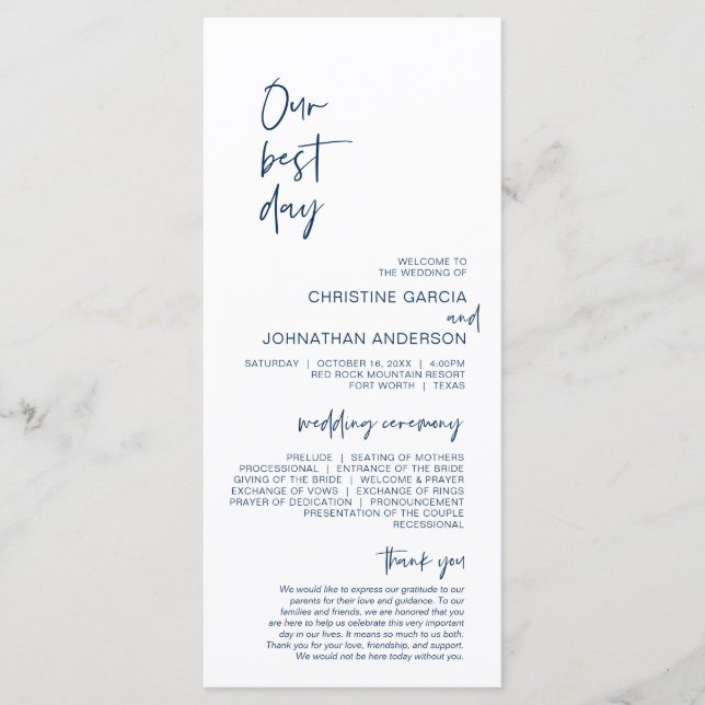 Our best day, Minimalist Navy Blue Wedding Program Programme (Front)