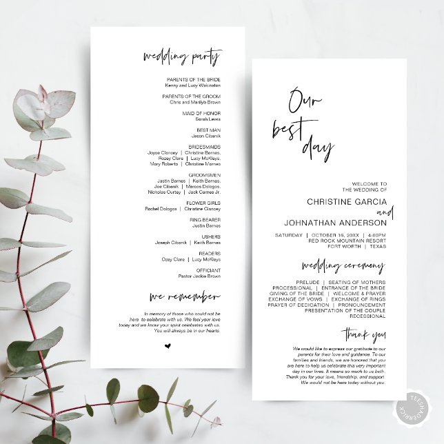 Our best day, Modern Minimalist Wedding Program Programme (Our best day, Modern Minimalist Wedding Program Card, with ceremony order and wedding party.)